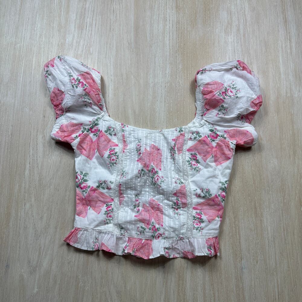LoveShackFancy Pink Bow Rose Floral Puff Sleeve Coquette Cottagecore Crop Top 00